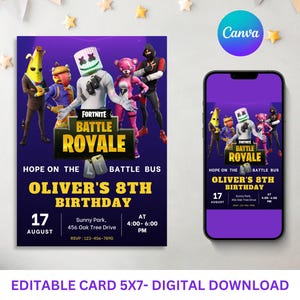 Convite de aniversário de jogo de forte, Aniversário de noite de forte, Convite para festa de aniversário de videogame, Cartão de aniversário de jogo, Convite para festa de jogo, Canva editável