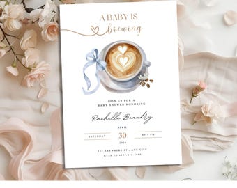 Coffee baby shower invitation Baby Is Brewing Boy Baby Shower Invitation Coffee Latte Theme Canva template