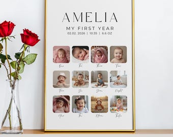 Personalized Photo Collage Baby's First Birthday Welcome Sign Poster  Photo Board Editable Canva Template