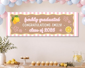 Freshly Graduated graduation Banner Template, class of 2026, lemon theme Editable Canva party  Design,  digital Download