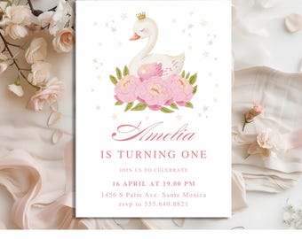 Swan Princess First Birthday Invitation Canva Editable Party Invite