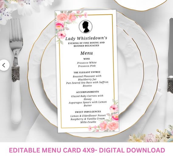 Bridgerton Society Papers Menu Template,Wedding menu,  Editable Canva  Tea Party Menu, Digital Download