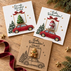 May include: Three square greeting cards featuring holiday illustrations of red cars carrying gifts. One card shows a chocolate Christmas tree, another a chocolate snowman, and the third a chocolate gingerbread man. Text includes Eine süße Kleinigkeit für dich and Frohe Weihnachten.