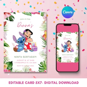 Faire-part personnalisé point, invitation d'anniversaire Lilo et Stitch, modèle d'invitation de fête Stitch, invitation de carte d'anniversaire numérique modifiable