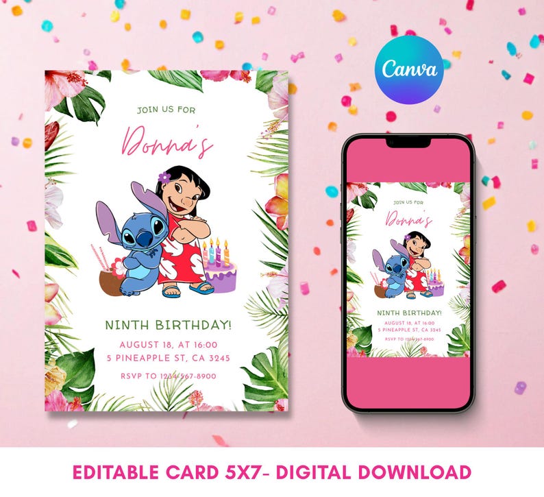 May include: A digital invitation card featuring Lilo and Stitch, with floral and tropical leaf accents. The card is for a ninth birthday celebration and includes the text "Donna's" and event details. The card is 12.7 x 17.8 cm.
