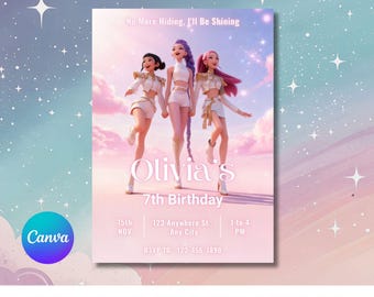 Editable KPop Demon Hunter Birthday Invitation Card For Girls Birthday Card for Kids Instant Download Canva