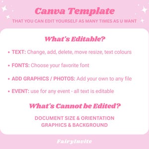 May include: A pink Canva template design with text that reads "Canva Template" and "That you can edit yourself as many times as U want." The image lists what is editable, including text, fonts, graphics, and photos. It also lists what is not editable.