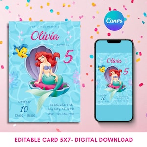 Faire-part d'anniversaire modifiable petite sirène, modèle de carte Ariel Party petite sirène Invitation, Invitation numérique princesse Ariel