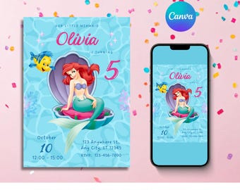 Editable Little Mermaid Birthday Invitation, Ariel Party Little Mermaid Invitation card template, Princess Ariel Digital Invitation