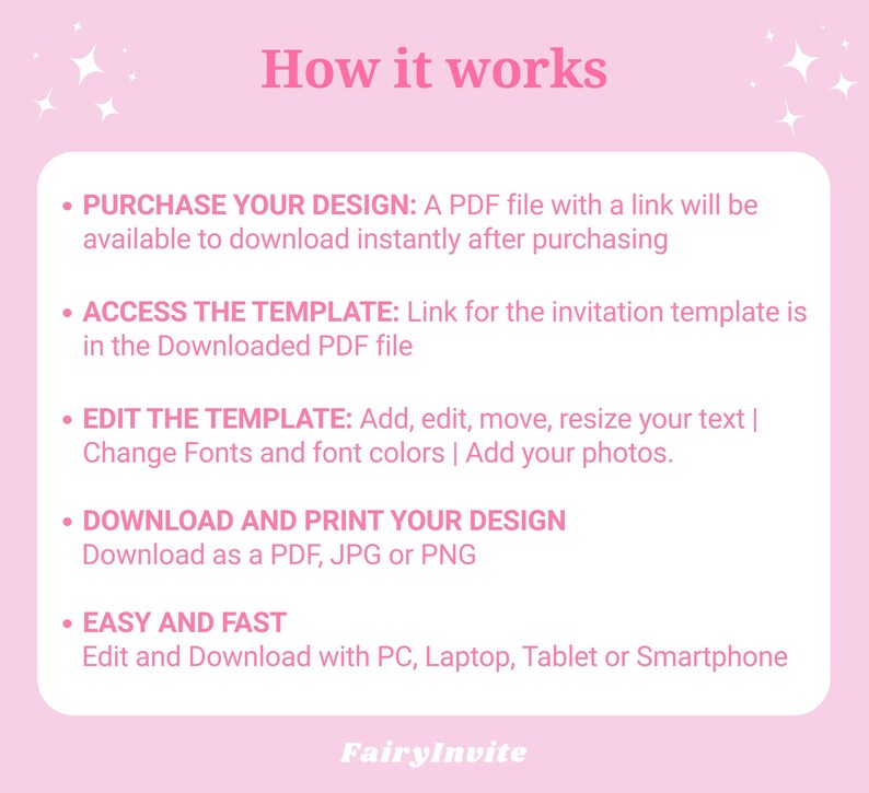 May include: A pink graphic detailing the process of using a design, with the heading "How it works". Instructions include purchasing, accessing, editing, downloading, and printing. It also mentions editing on various devices. The FairyInvite logo is at the bottom.