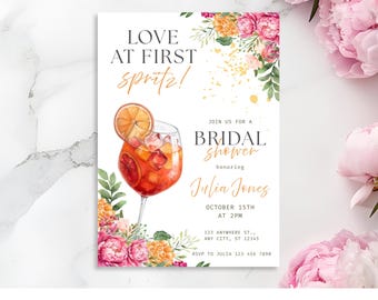 Love at First Spritz Bridal Shower Invitation, Aperol Spritz Bridal Shower Invite, Bridal Brunch, Floral Bridal Shower editable invite