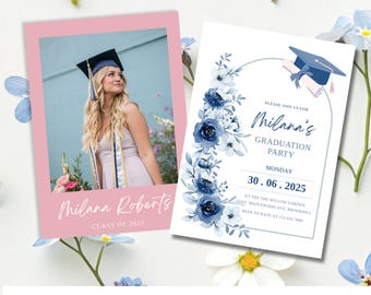 Wildflower Graduation Card, Graduation Party Invitation Template,blue modern  Invite, Photo Invite, Editable Floral  Template,Class of 2025