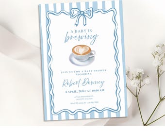 Coffee baby shower invitation Baby Is Brewing Boy Baby Shower Invitation Coffee Latte Theme Canva template