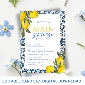 Main Squeeze Bridal Shower Invitation Template, Lemon Bridal Shower Invite, Mediterranean Blue Tiles Bridal Shower Invitation