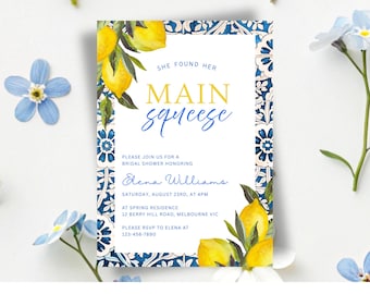 Main Squeeze Bridal Shower Invitation Template, Lemon Bridal Shower Invite, Mediterranean Blue Tiles Bridal Shower Invitation