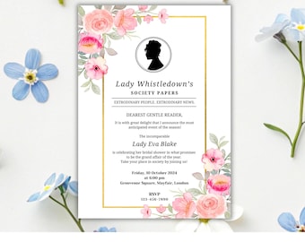 Tema de Bridgerton, Invitación para despedida de soltera, Tema de los Documentos de Sociedad de Lady Whistledown, Invitación floral, Flores rosas, Plantilla editable