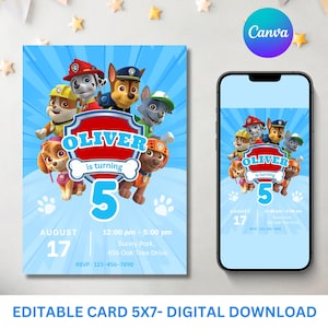 Modelo de convite de aniversário de patas, convite de aniversário de filhotes, modelo de convite de festa infantil digital editável, cartão de aniversário