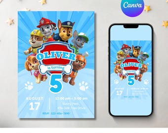 Paw Birthday Invitation Template Puppies birthday invitation Patrol Birthday,  Editable Digital Kids Party Invite Template Bday Card