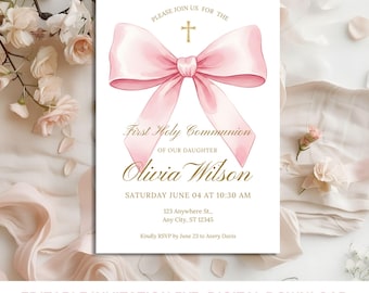 Pink watercolor Bow First Holy Communion Invitation Template | Communion Invite | instant download, minimalist