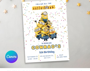 Editable Minions Birthday Invitation, Yellow Crew Cute Party digital invite (Canva Template 5x7in)
