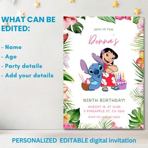 May include: A digital invitation with a tropical theme, featuring Lilo and Stitch illustrations. The invitation includes editable fields for name, age, party details, and other information. The design is framed by floral and leaf accents, perfect for a birthday party.