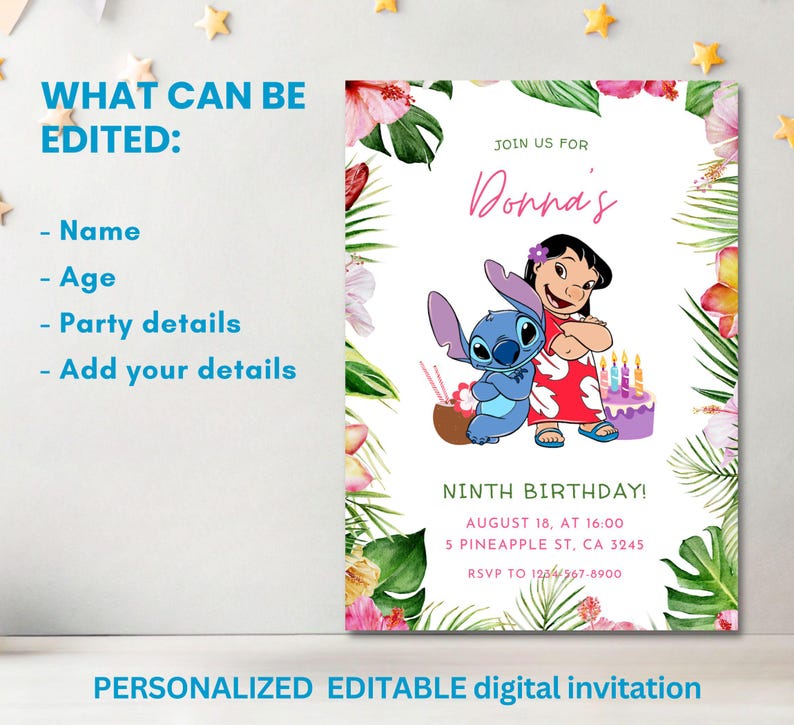 May include: A digital invitation with a tropical theme, featuring Lilo and Stitch illustrations. The invitation includes editable fields for name, age, party details, and other information. The design is framed by floral and leaf accents, perfect for a birthday party.