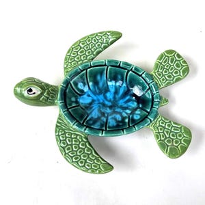 Vintage Ben Diller Green Sea Turtle Trinket Dish, Handmade Raku Pottery, Coastal Decor, 44/100