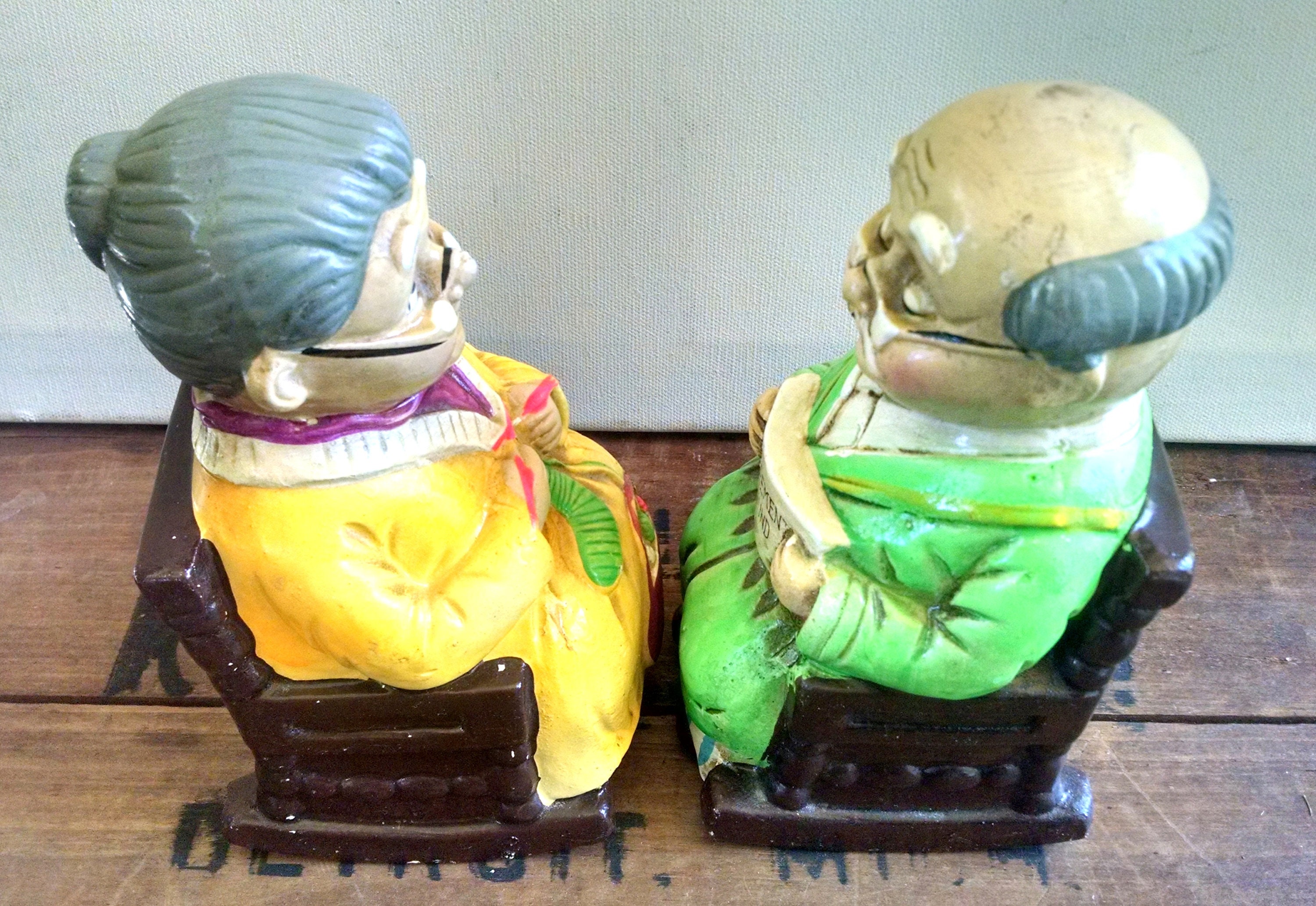 Vintage Couple Coin Bank Figurine, Retirement Gift, Book Ends, Shelf