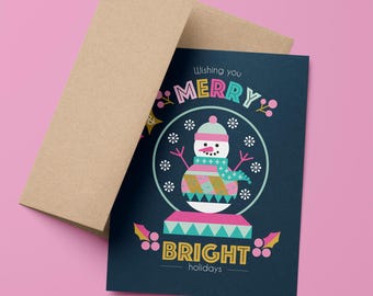 Colorful Snowman Christmas Card | Illustrated Snow Globe Holiday Card