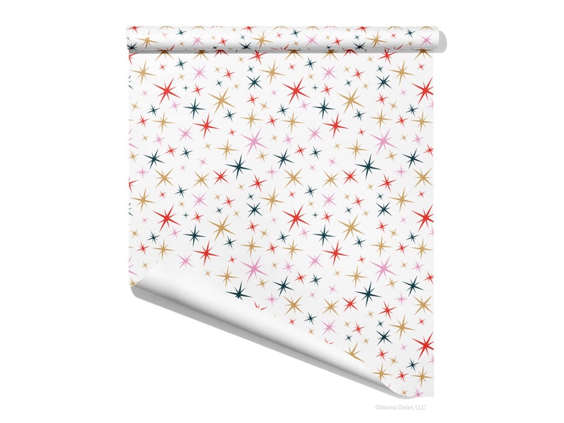 Christmas gift wrap with a mid-century modern stars pattern