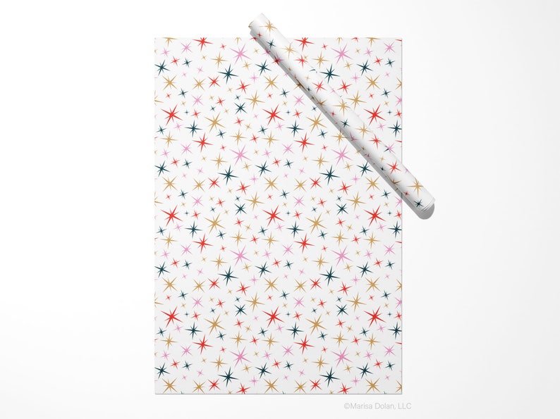 Christmas gift wrap with a mid-century modern stars pattern