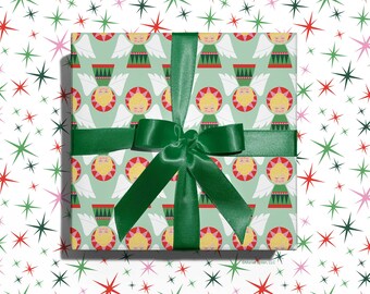 Christmas Angels Wrapping Paper Green Holiday Gift Wrap