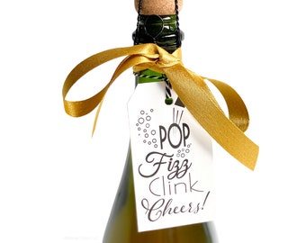 Pop Fizz Clink Cheers Sparkling Wine tags, Holiday, Hostess and Wedding Favor Gift Tags, Happy New Year, Set of 10