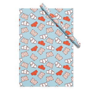 Funny underwear themed wrapping paper sheets with red and white polka dot boxers and briefs design.