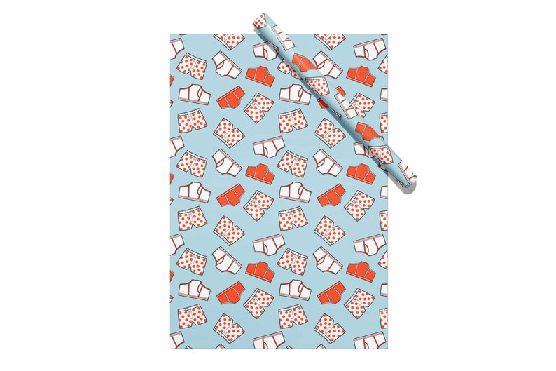 Funny underwear themed wrapping paper sheets with red and white polka dot boxers and briefs design.