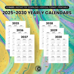 Kalendarz roczny do druku 2025-2030 | Planer ścienny | A0 A1 A2 A3 A4 A5 Rozmiary liter amerykańskich | Minimalistyczny design | Poniedziałek Niedziela Start | Pobierz