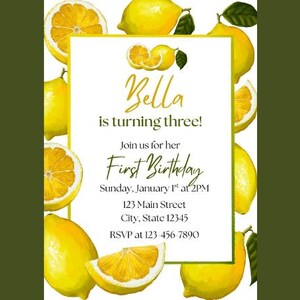 Lemon Themed Birthday Invitation Template - Editable in Canva