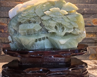 15.6 lbs 12&quot; X 10&quot;  Top Quality Natural Green Jade Landscape Hand Carved Mountain House