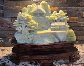 14 lbs 14&quot; X 12&quot; Top Quality Natural Green Jade Landscape Hand Carved Mountain