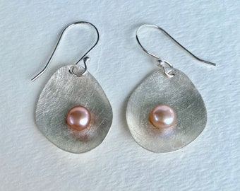 Petite Brushed Oyster Shell Earrings with Freshwater Pearls