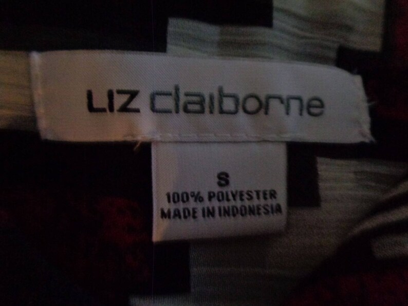 Vintage 90/'s Liz Claiborne Semi-Sheer Red and Black Geometric Print on White Backgrund Long Sleeved Blouse Bust 37 Waist 36