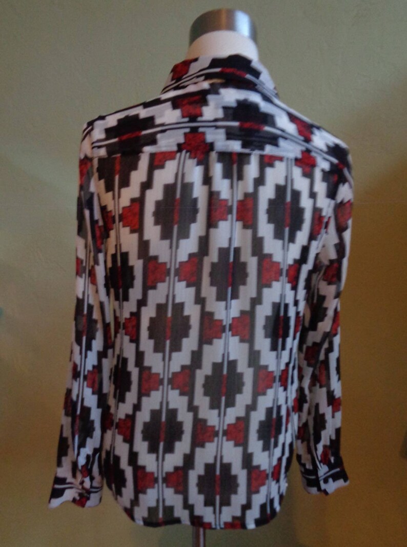 Vintage 90/'s Liz Claiborne Semi-Sheer Red and Black Geometric Print on White Backgrund Long Sleeved Blouse Bust 37 Waist 36