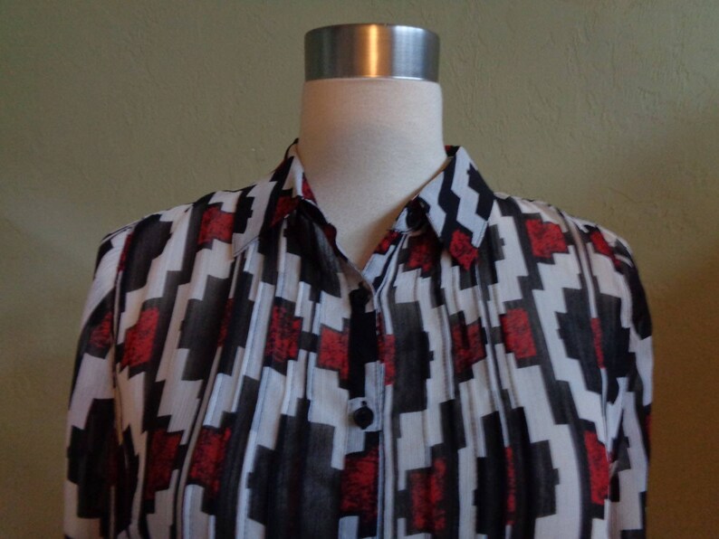 Vintage 90/'s Liz Claiborne Semi-Sheer Red and Black Geometric Print on White Backgrund Long Sleeved Blouse Bust 37 Waist 36