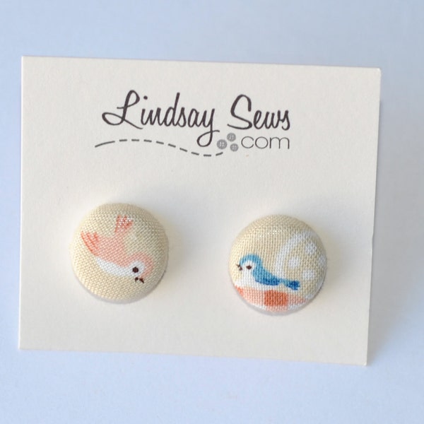 Pretty Birds Fabric Covered Button Earrings for Adoption Fundraiser