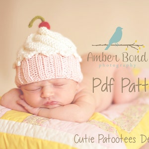 Cute as a Cupcake Hat PDF Knitting Pattern for Newborn, baby, and child cupcake hat/photo prop