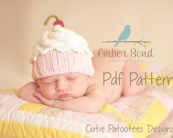 Cute as a Cupcake Hat PDF Knitting Pattern for Newborn, baby, and child cupcake hat/photo prop