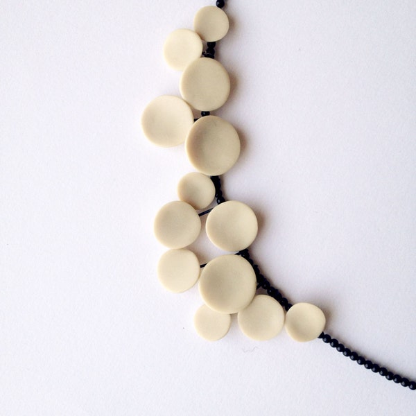 geometrical contemporary handsculpted polymer clay necklace. nO 205 ''dots between black onyx''