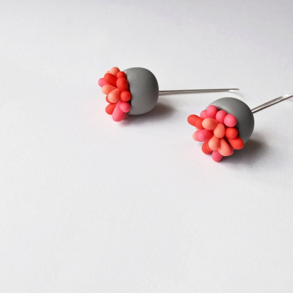 minimal abstracted organic cute earrings ''Grey pods with red succulents''