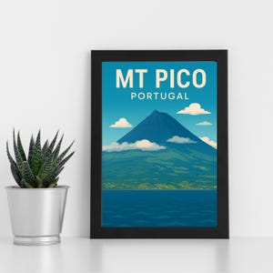 Obra de arte digital do Monte Pico l Portugal l Pôster personalizado, cartão postal, impressão emoldurada, cartão de felicitações l Retrato