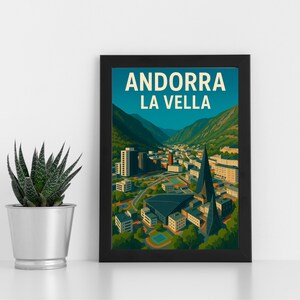Arte de impressão digital de Andorra La Vella l Andorra l Pôster personalizado, cartão postal, impressão emoldurada, cartão comemorativo l Retrato
